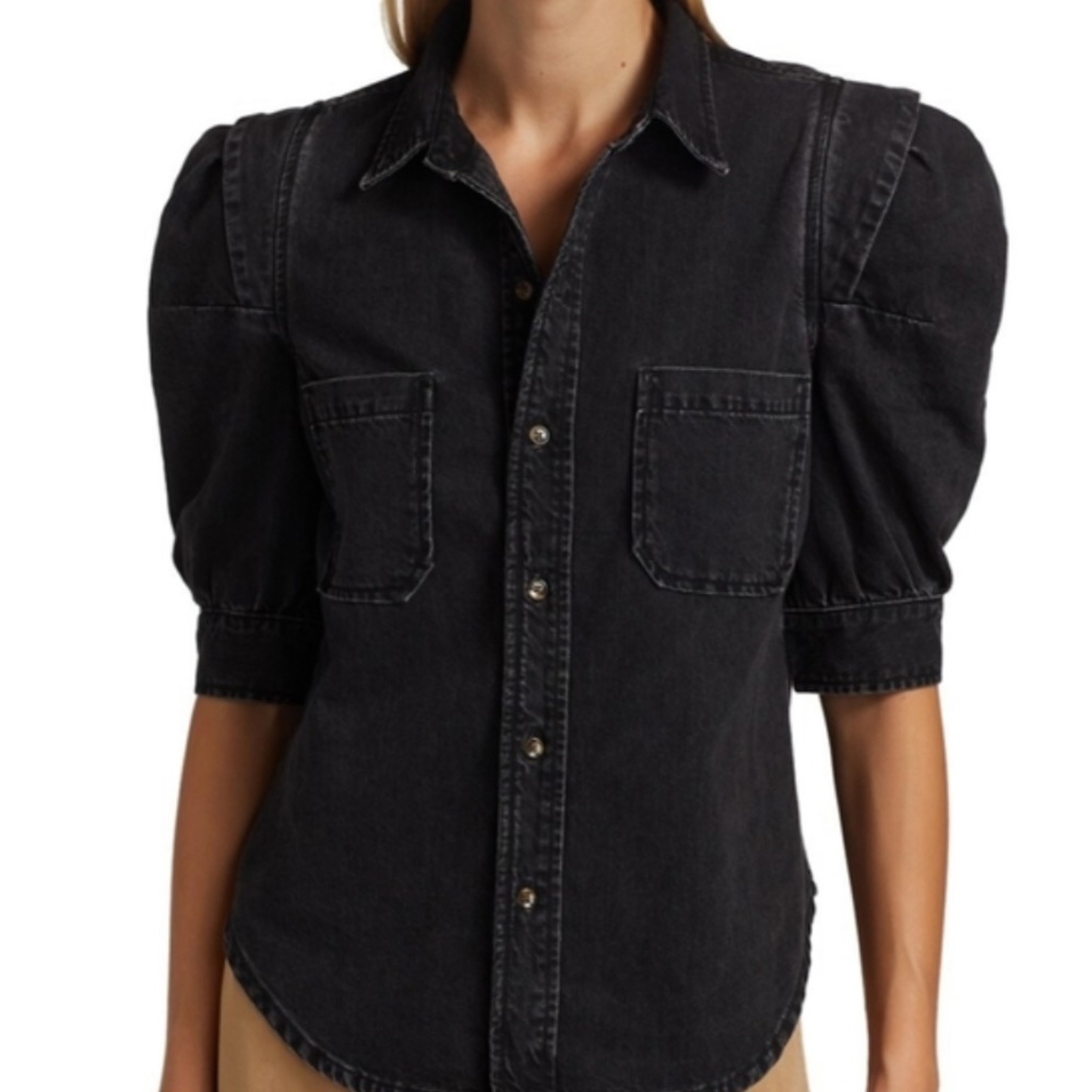 Frame Black Short Puff Sleeve Button Up Shirt.